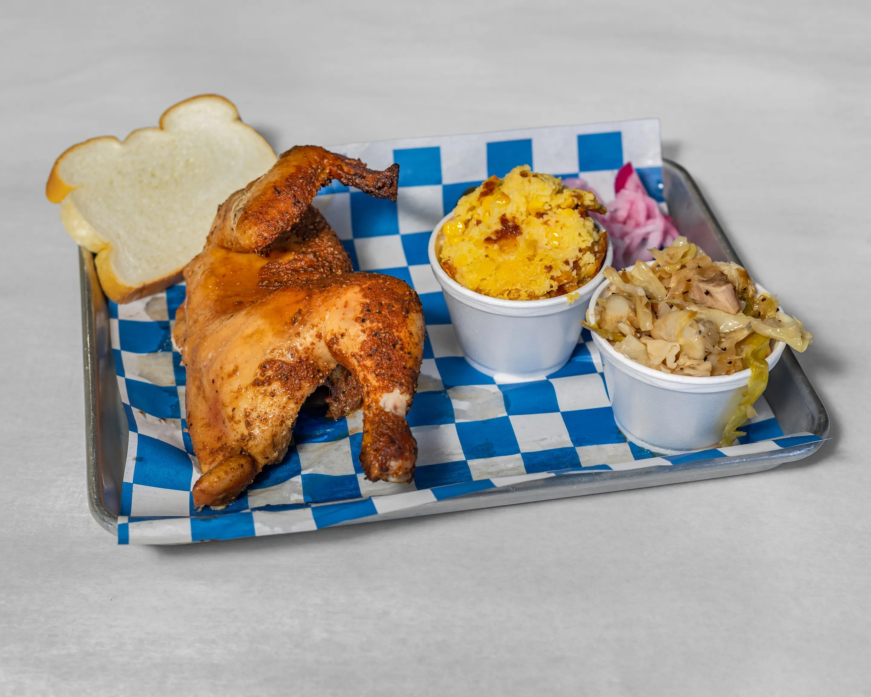 1 meat combo features half chicken from Timmy Jon’s BBQ in Dade City, FL