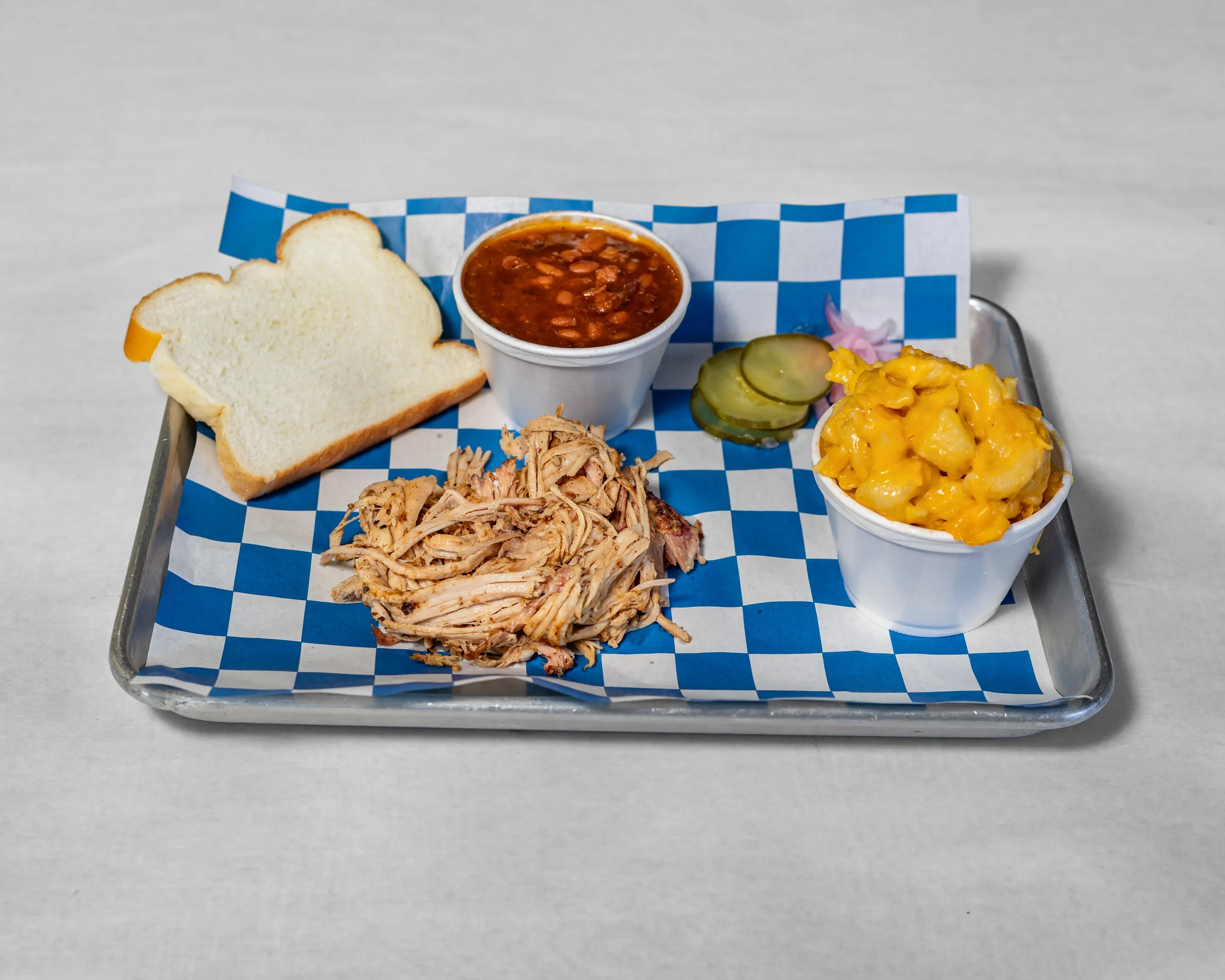 1 Meat Combo plate at Timmy Jon’s BBQ in Dade City, FL, featuring pulled pork, and classic BBQ sides